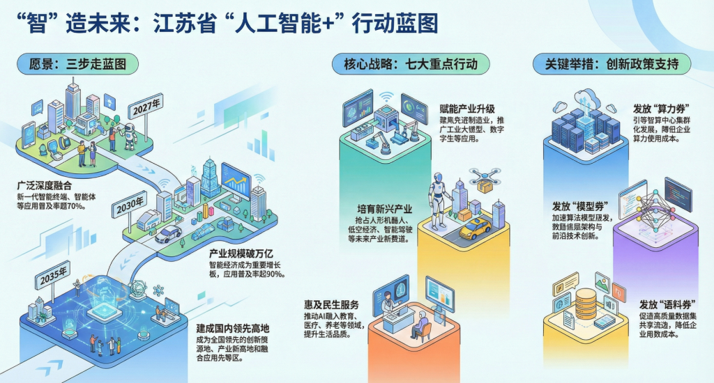 江苏省 “人工智能+”行动方案:4部分26条,与国家行动相比增加了“人工智能+”新兴产业重点领域,三步走建成国内领先的“人工智能+”创新策源地 ...