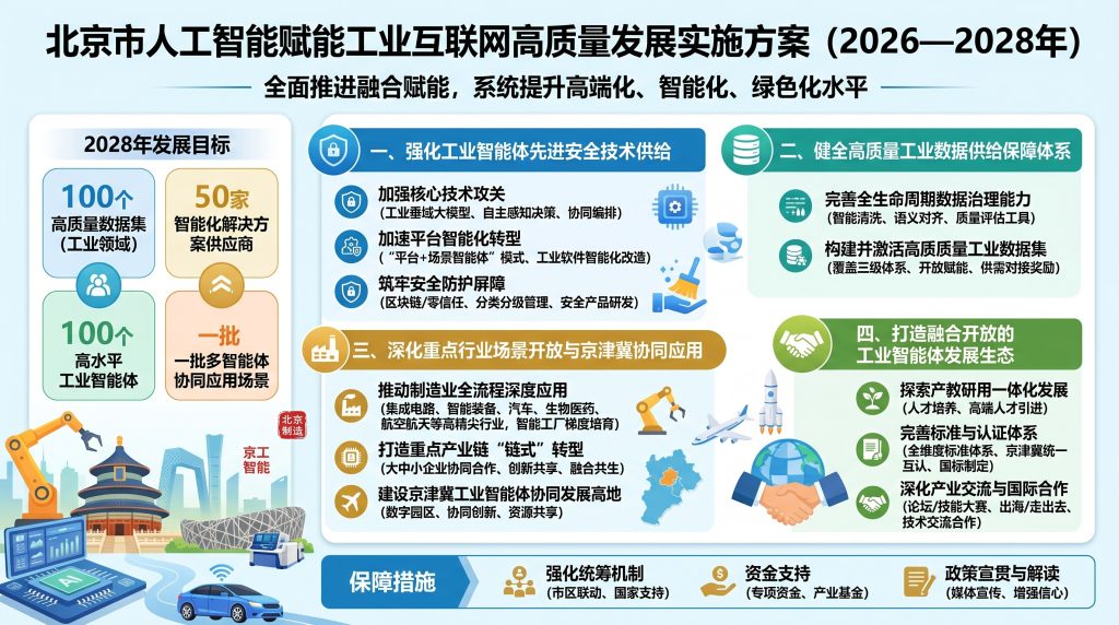 北京市人工智能赋能工业互联网高质量发展实施方案(2026—2028年):打造100个工业领域高质量数据集,培育50家智能化解决方案供应商,推出 ...